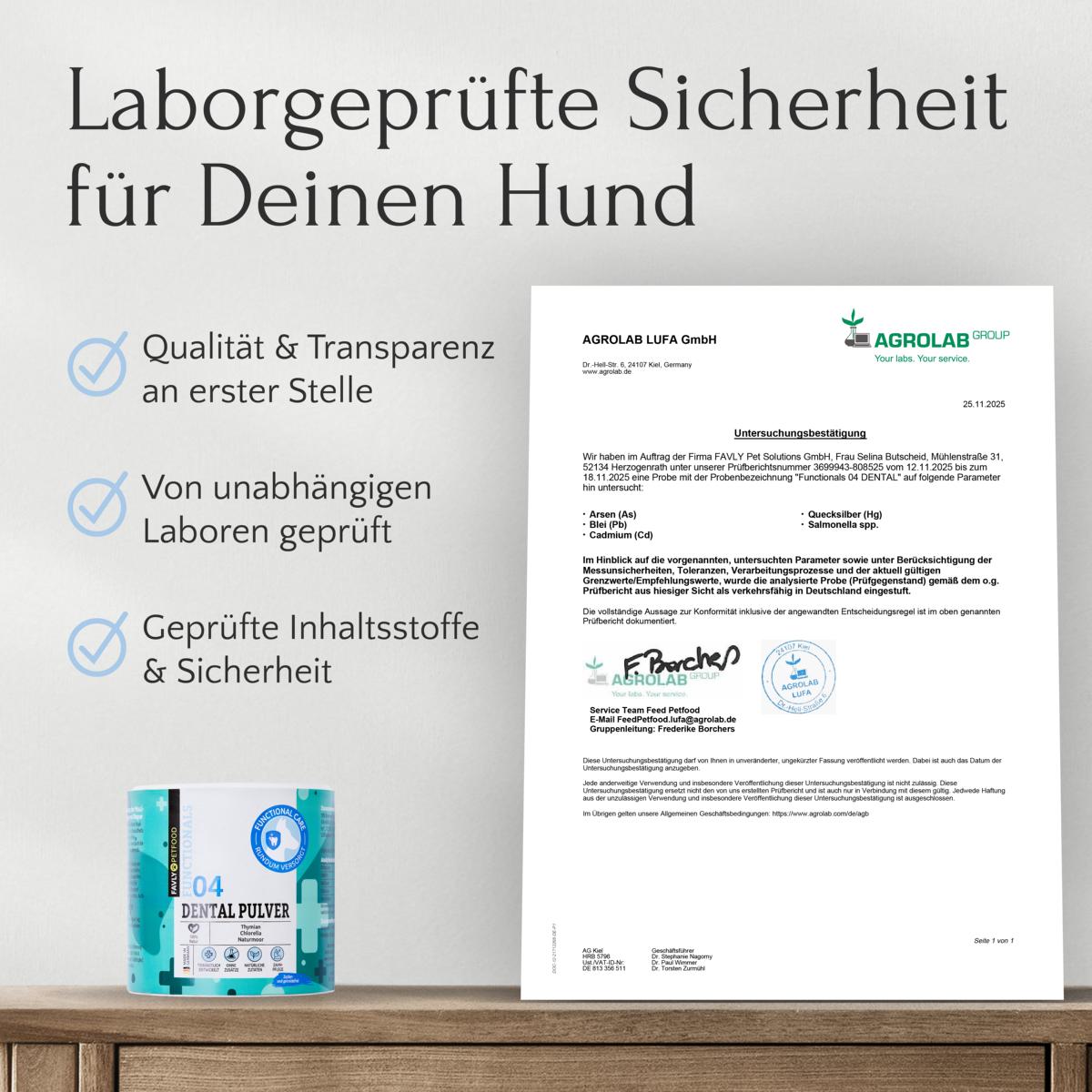 FAVLY Petfood DENTAL Pulver bietet laborgeprüfte Zahnhygiene & Plaque-Vorbeugung für Ihren Hund.