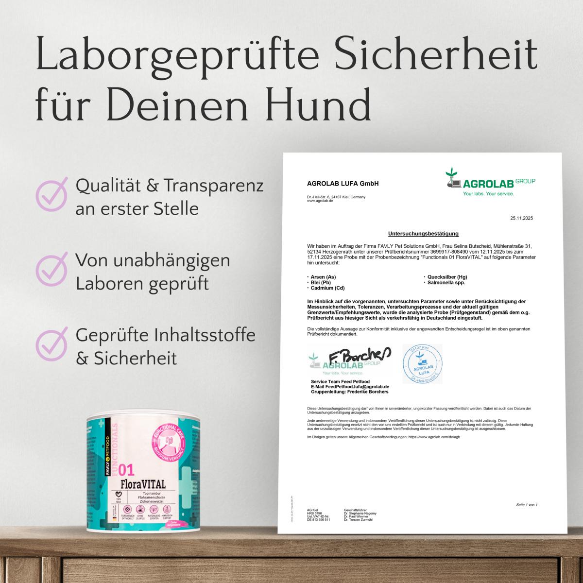 FloraVITAL Pulver von FAVLY Petfood und Labortest-Zertifikat auf dem Tisch mit deutschem Text über Präbiotika & Darmgesundheit.