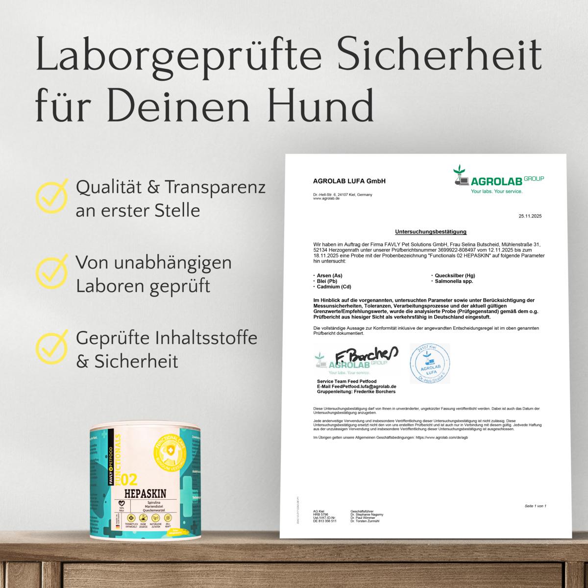 HEPASKIN Pulver - Haut, Fell & Entgiftung von FAVLY Petfood mit Labortest-Zertifikat und Sicherheitscheckliste im Regal.