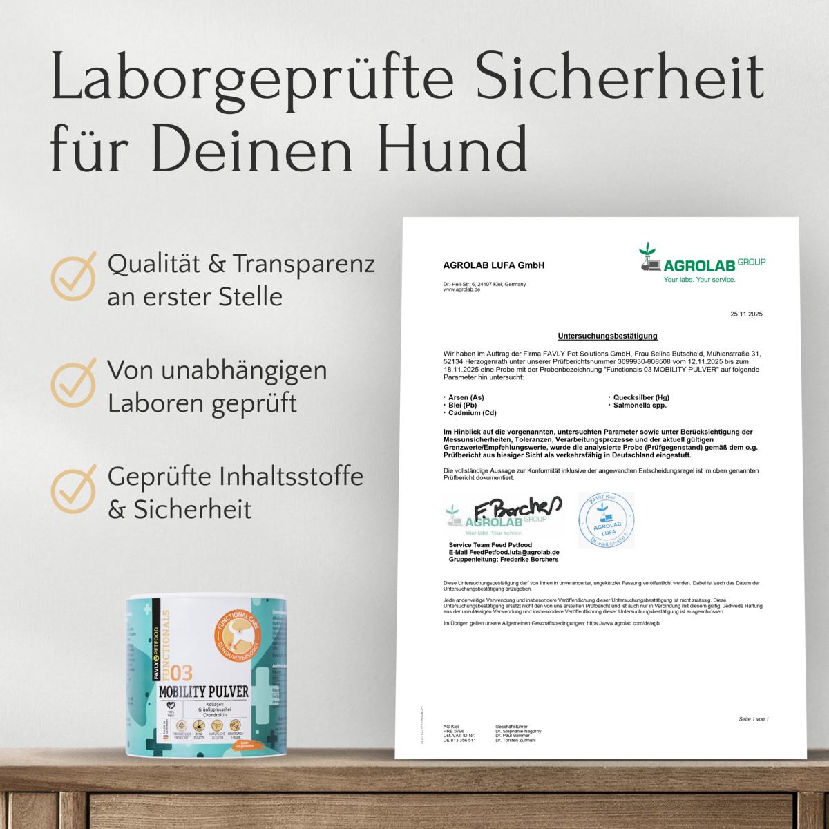 MOBILITY Pulver - Gelenke & Mobilität von FAVLY Petfood: Qualität, Sicherheit und Gelenkgesundheit von unabhängigen Labors geprüft.