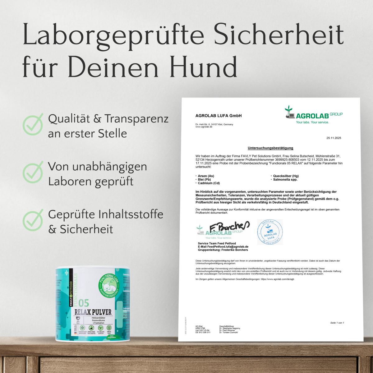 FAVLY Petfood Relax Pulver - Unruhe & Stress: Laborgeprüfte, beruhigende Kräuter für sicheren Stressabbau Hund.
