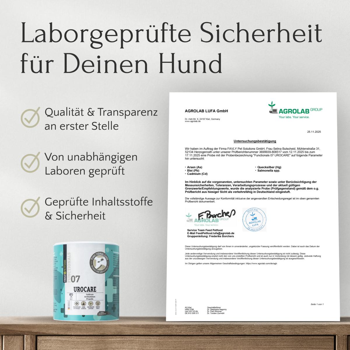 FAVLY Petfood UROCARE Pulver unterstützt die Gesundheit von Niere und Blase des Hundes, mit Checkliste und Laborzertifikat.