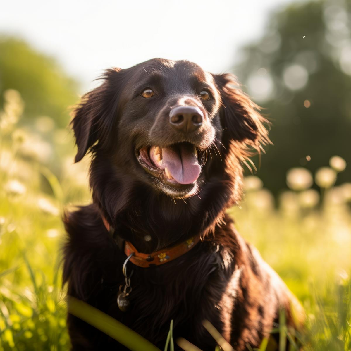 Ein glücklicher dunkel gefärbter Hund mit Halsband sitzt auf einer sonnenbeschienenen Wiese, umgeben von hohem Gras und unscharfem Hintergrund.